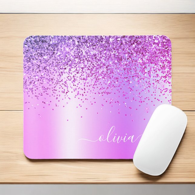 Purple Glitter Monogram Name Luxury Girly Mouse Pad (Creator Uploaded)