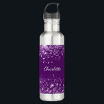 Purple glitter monogram name sparkle 710 ml water bottle<br><div class="desc">A deep purple background with elegant purple faux glitter drops.  White coloured text. Personalize and add your name. The name is written with a white hand lettered style script.</div>