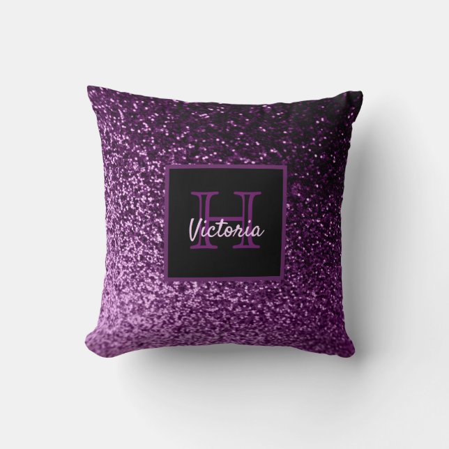 Purple glitter monogram name throw pillow (Front)