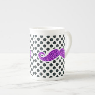 PURPLE GLITTER MUSTACHE POLKA DOTS BONE CHINA MUG
