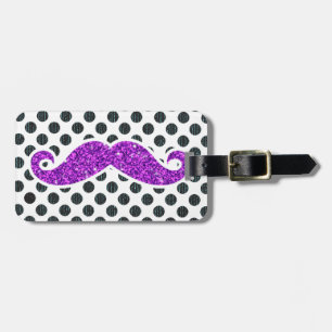 PURPLE GLITTER MUSTACHE POLKA DOTS LUGGAGE TAG
