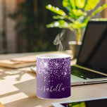 Purple glitter name script coffee mug<br><div class="desc">A stylish purple background,  decorated with faux glitter dust.  Personalize and add your name written with a trendy hand lettered style script with swashes.
To keep the swashes only delete the sample name,  leave the spaces or emoji's in front and after the name.</div>