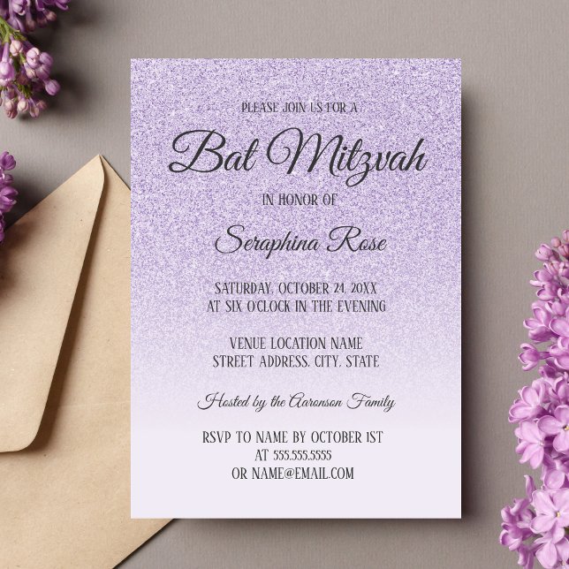 Purple glitter ombre Bat Mitzvah Invitation (Purple Bat Mitzvah Invitation)