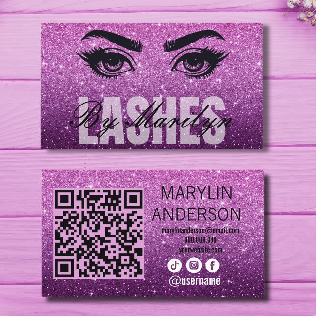 Purple Glitter Ombre Lash Business with QR Code Business Card (Creator Uploaded)
