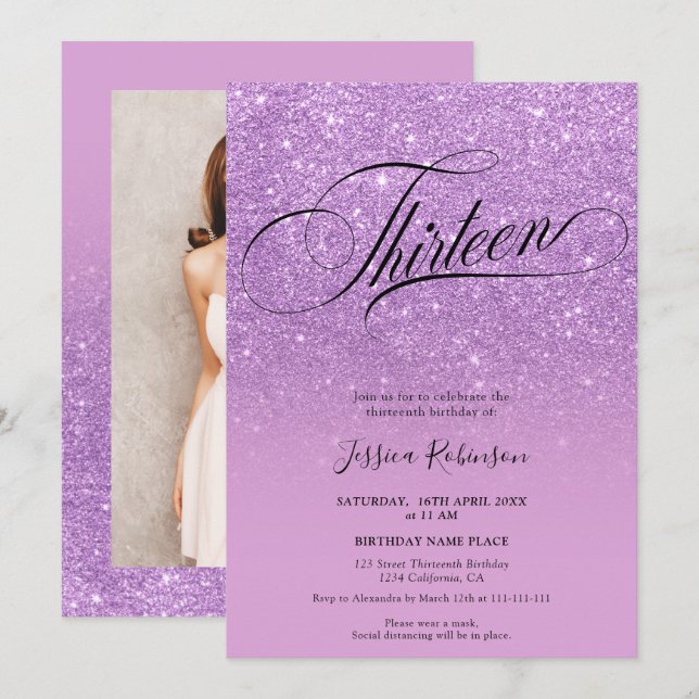 Purple glitter ombre sparkles chic script Thirteen Invitation (Front/Back)