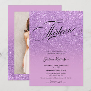 Purple glitter ombre sparkles chic script Thirteen Invitation