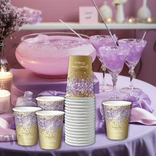 Purple Glitter on Gold Quinceañera Paper Cups