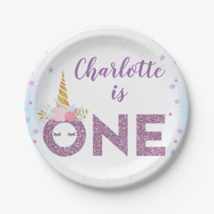 Purple Glitter One Unicorn 1st Birthday Paper Plate