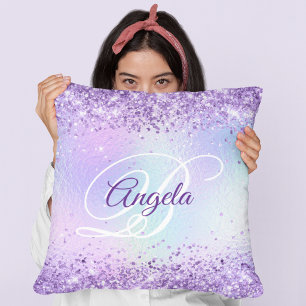 Purple Glitter Pale Iridescent Fancy Monogram Throw Pillow