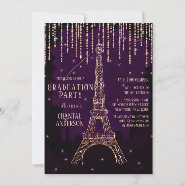 Purple Glitter Paris Eiffel Tower Graduation Invitation (Front)