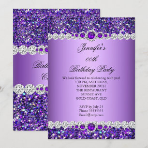 Purple Glitter Pearl Diamond Birthday Party Invitation