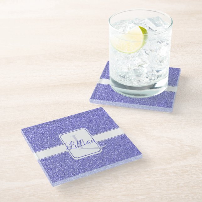 Purple Glitter Personalized Glass Coaster (Angled)