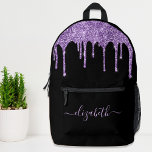 Purple Glitter Personalized Printed Backpack<br><div class="desc">Personalized chic,  elegant and girly black backpack with purple faux glitter drips. Personalize with your name in a stylish trendy light purple script with swashes. You can adjust the size of the script font in the design tool for shorter or longer names.</div>