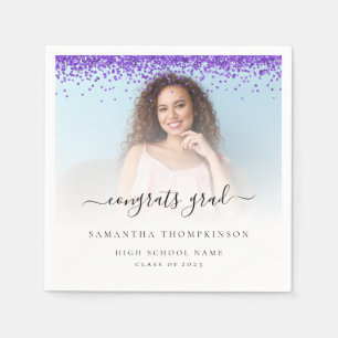 Purple Glitter Photo 2024 Congrats Graduation Napkin