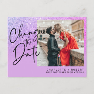 Purple glitter photo wedding change the date announcement postcard