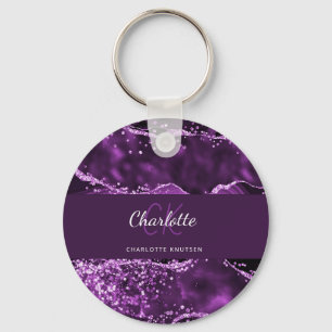 Purple glitter pink agate marble monogram name keychain