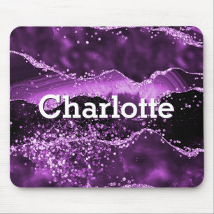 Purple glitter pink agate marble monogram name mouse pad