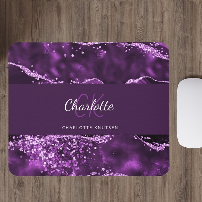 Purple glitter pink agate marble monogram name mouse pad (Creator Uploaded)