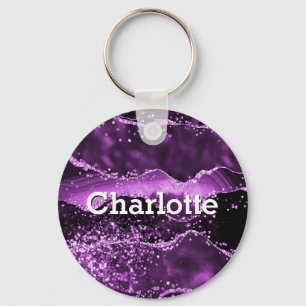 Purple glitter pink agate marble name keychain