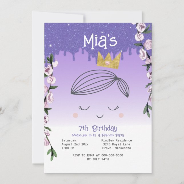 Purple Glitter Princess Girls Birthday Invitation (Front)