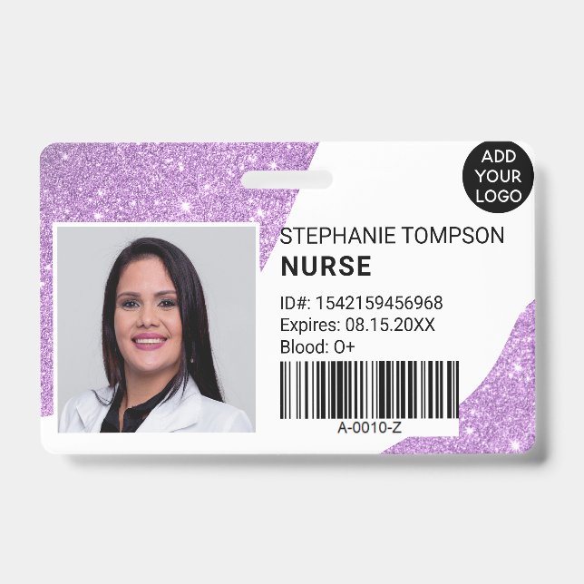 Purple glitter professional nurse photo logo code badge (Front)
