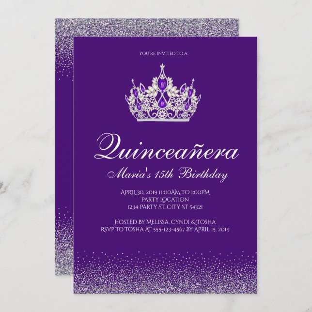 Purple Glitter Quinceanera Invitations (Front/Back)