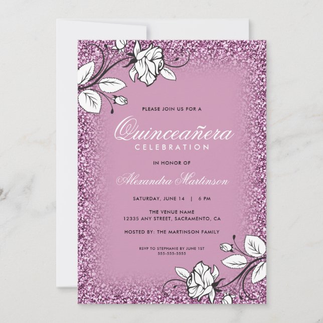 Purple Glitter Quinceanera White Roses Invitation (Front)