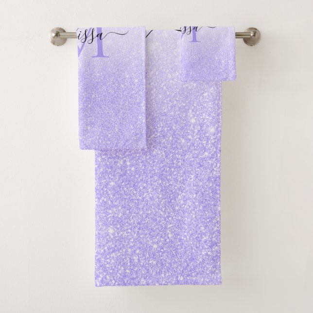 Purple Glitter Script Name Monogram Bath Towel Set (Insitu)
