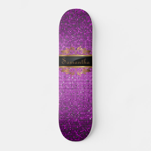 Purple Glitter Sequin Disco Glitz Comp Skateboard (Front)