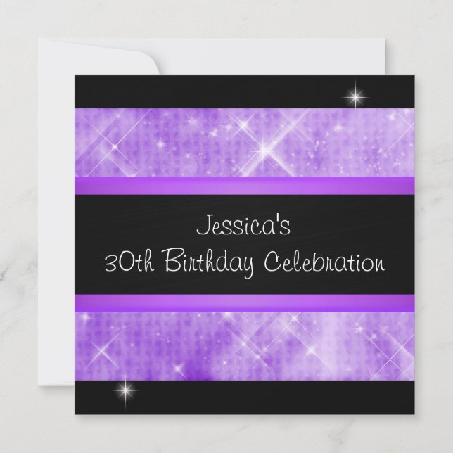 Purple Glitter Silver Lights Black 30th Birthday Invitation (Front)