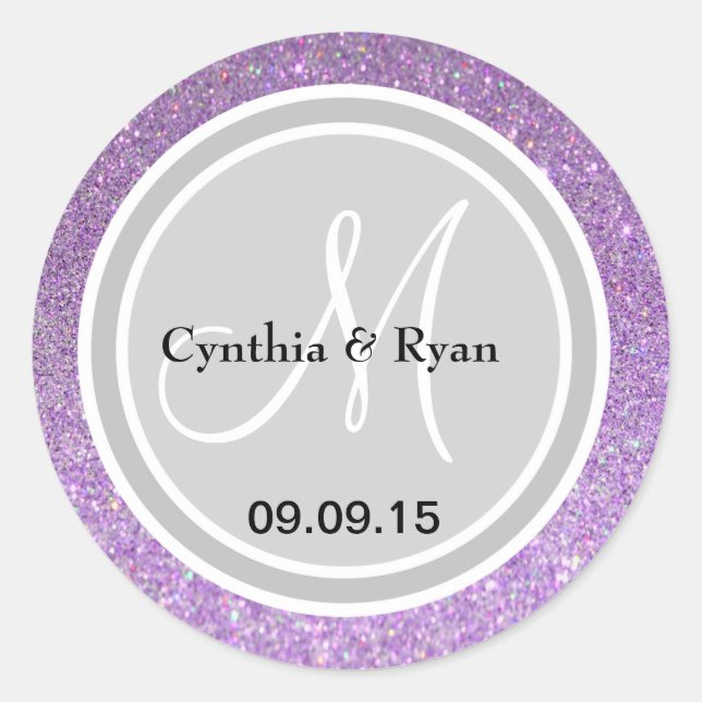 Purple Glitter & Silver Wedding Monogram Label (Front)