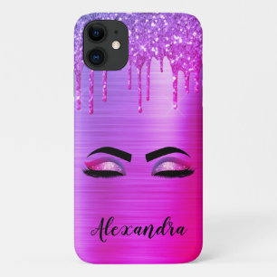 Purple Glitter Sparkle Eyelashes Monogram Name iPhone 11 Case