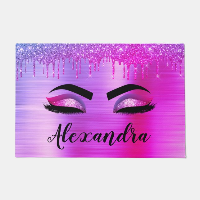 Purple Glitter Sparkle Eyelashes Monogram Name Doormat (Front)