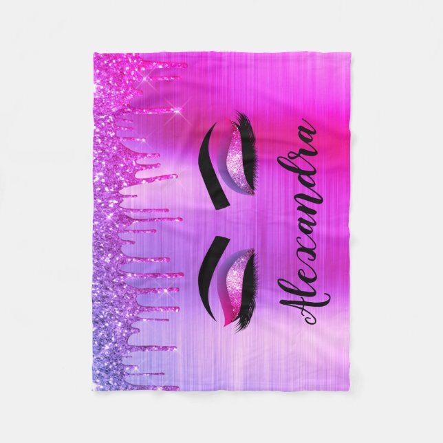 Purple Glitter Sparkle Eyelashes Monogram Name Fleece Blanket (Front)