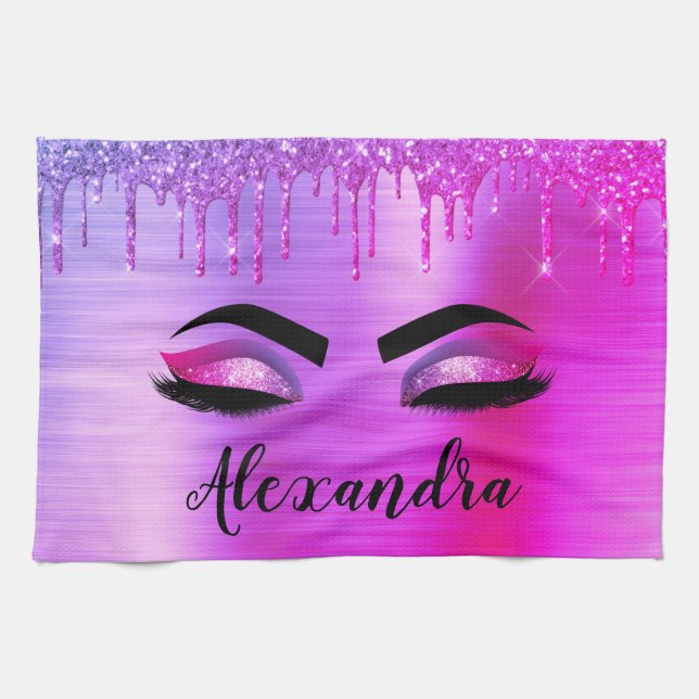 Purple Glitter Sparkle Eyelashes Monogram Name Kitchen Towel (Horizontal)