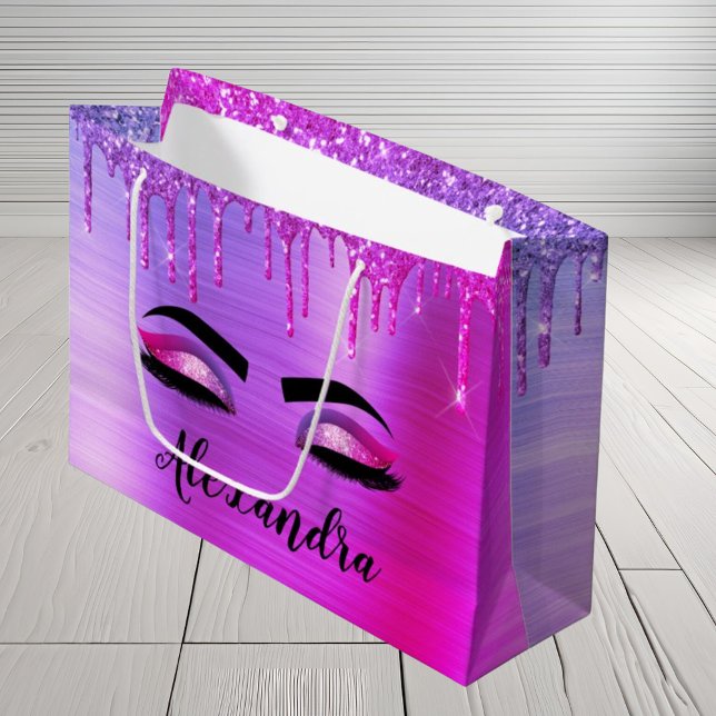 Purple Glitter Sparkle Eyelashes Monogram Name Large Gift Bag (Creator Uploaded)