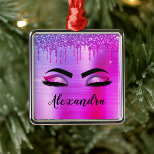 Purple Glitter Sparkle Eyelashes Monogram Name Metal Ornament