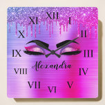 Purple Glitter Sparkle Eyelashes Monogram Name Square Wall Clock<br><div class="desc">Purple Faux Foil Metallic Sparkle Glitter Brushed Metal Monogram Name and Initial Eyelashes (Lashes),  Eyelash Extensions and Eyes cute wall clock. The design makes the perfect sweet 16 birthday,  wedding,  bridal shower,  anniversary,  baby shower or bachelorette party gift for someone looking for a trendy cool style.</div>