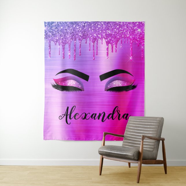 Purple Glitter Sparkle Eyelashes Monogram Name Tapestry (In Situ)