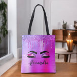 Purple Glitter Sparkle Eyelashes Monogram Name Tote Bag<br><div class="desc">Purple Faux Foil Metallic Sparkle Glitter Brushed Metal Monogram Name and Initial Eyelashes (Lashes),  Eyelash Extensions and Eyes Blush Pink Makeup Bag. The pillow makes the perfect sweet 16 birthday,  wedding,  bridal shower,  anniversary,  baby shower or bachelorette party gift for someone decorating her room in trendy cool style.</div>