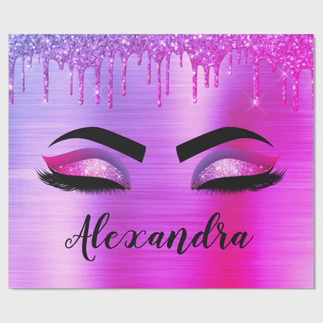 Purple Glitter Sparkle Eyelashes Monogram Name Wrapping Paper (Flat)