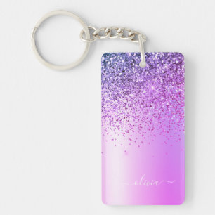 Purple Glitter Sparkle Glam Metal Monogram Name Keychain