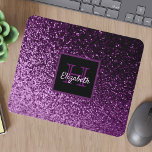 Purple glitter sparkle monogrammed name mouse pad<br><div class="desc">Deep purple faux glitter gradient.  For everyday shiny glam and luxury. For teen girls and women.  A black and purple frame with space for your name and monogram letter. The name is written in white with a modern hand lettered style script. The monogram letter in purple.</div>
