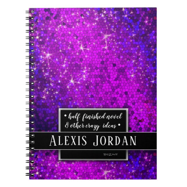 Purple Glitter Sparkles Black White Monogram Glam Notebook (Front)