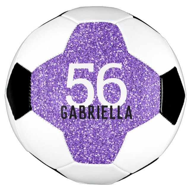 Purple Glitter Sparkly Look Number and Name Soccer Ball (Rotated)