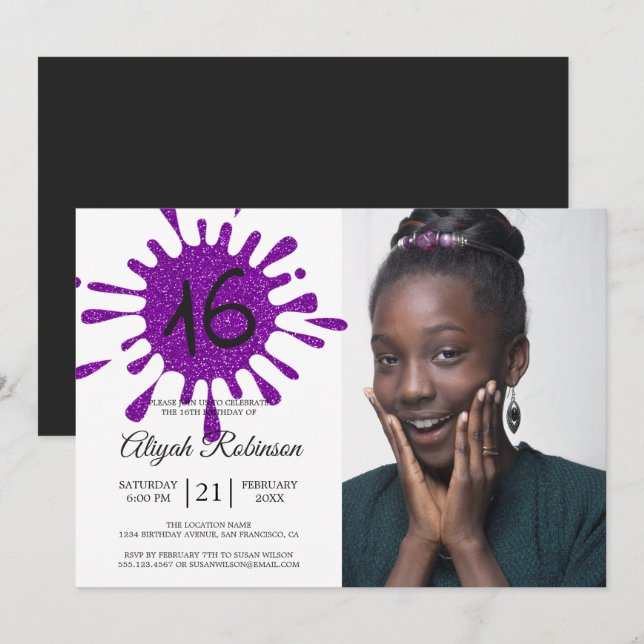 Purple Glitter Splash Sweet 16 16th Birthday Party Invitation (Front/Back)