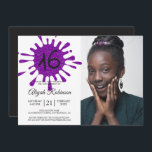 Purple Glitter Splash Sweet 16 16th Birthday Party Invitation<br><div class="desc">A modern sweet 16 birthday party invitation with a purple glitter splash and the number 16 in modern typography. Send out this awesome purple glitter and black 16th birthday party celebration invitation to your family and friends. Simply add your personal details to this sixteenth birthday party invitation. If you need...</div>