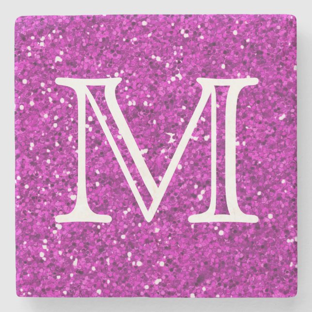 Purple Glitter Square Monogram Personalized Stone Coaster (Front)