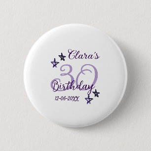 Purple glitter stars 30th birthday modern retro 2 inch round button