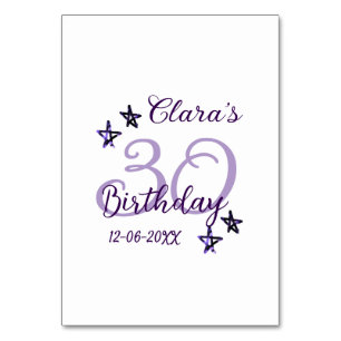 Purple glitter stars 30th birthday modern retro  table number
